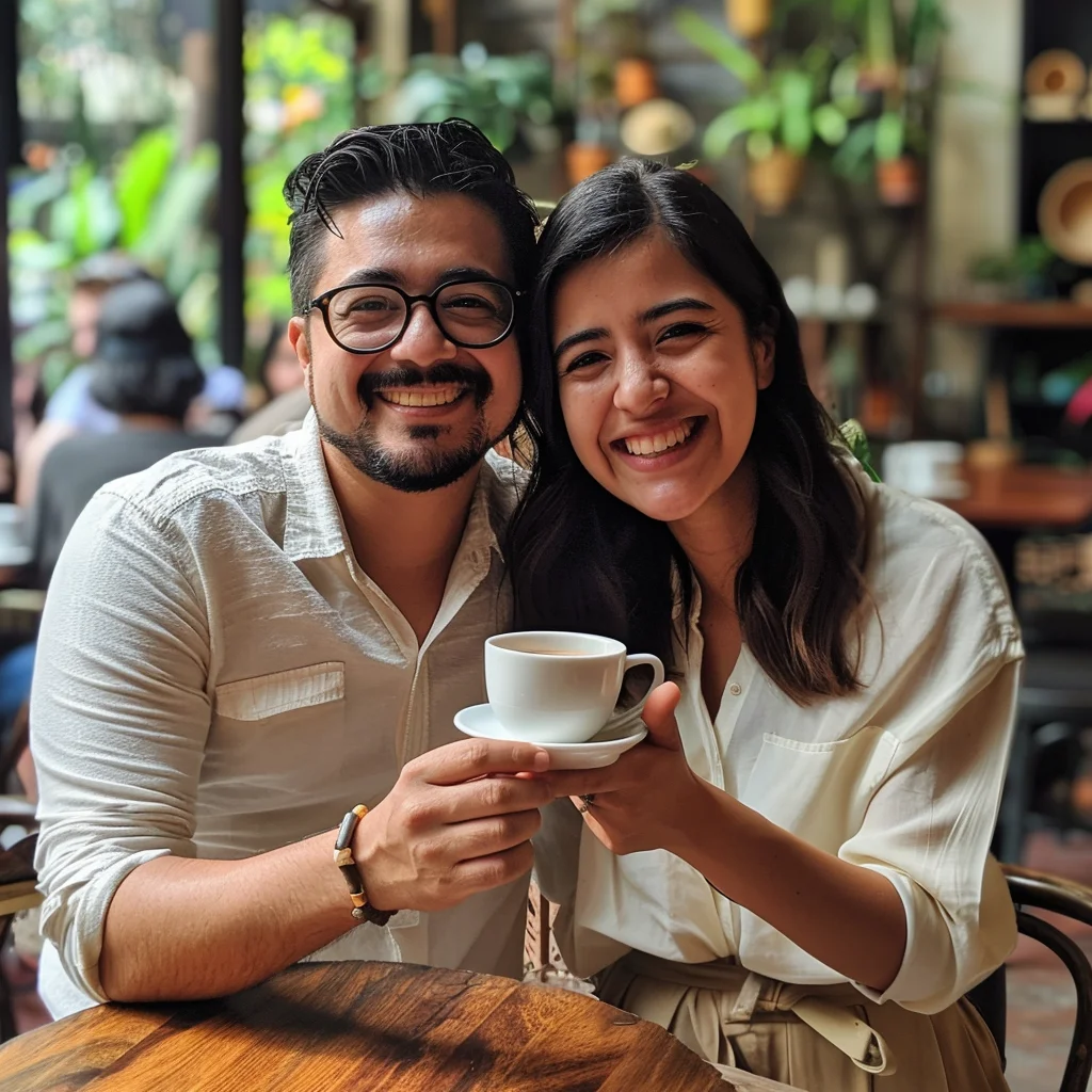 An Asian male and female couple sharing a cup of coffee.