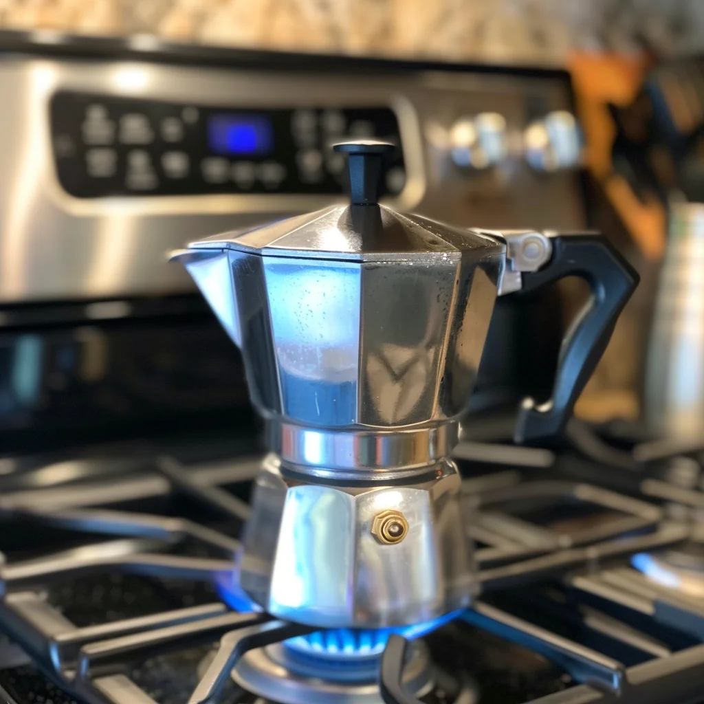 A coffee moka pot on a gas stove.