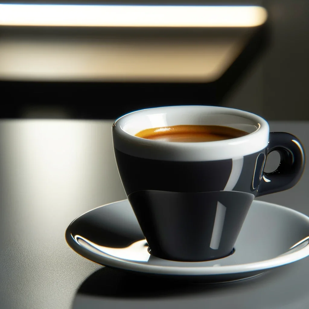 A grey and white espresso cup filled with rich, black coffee.