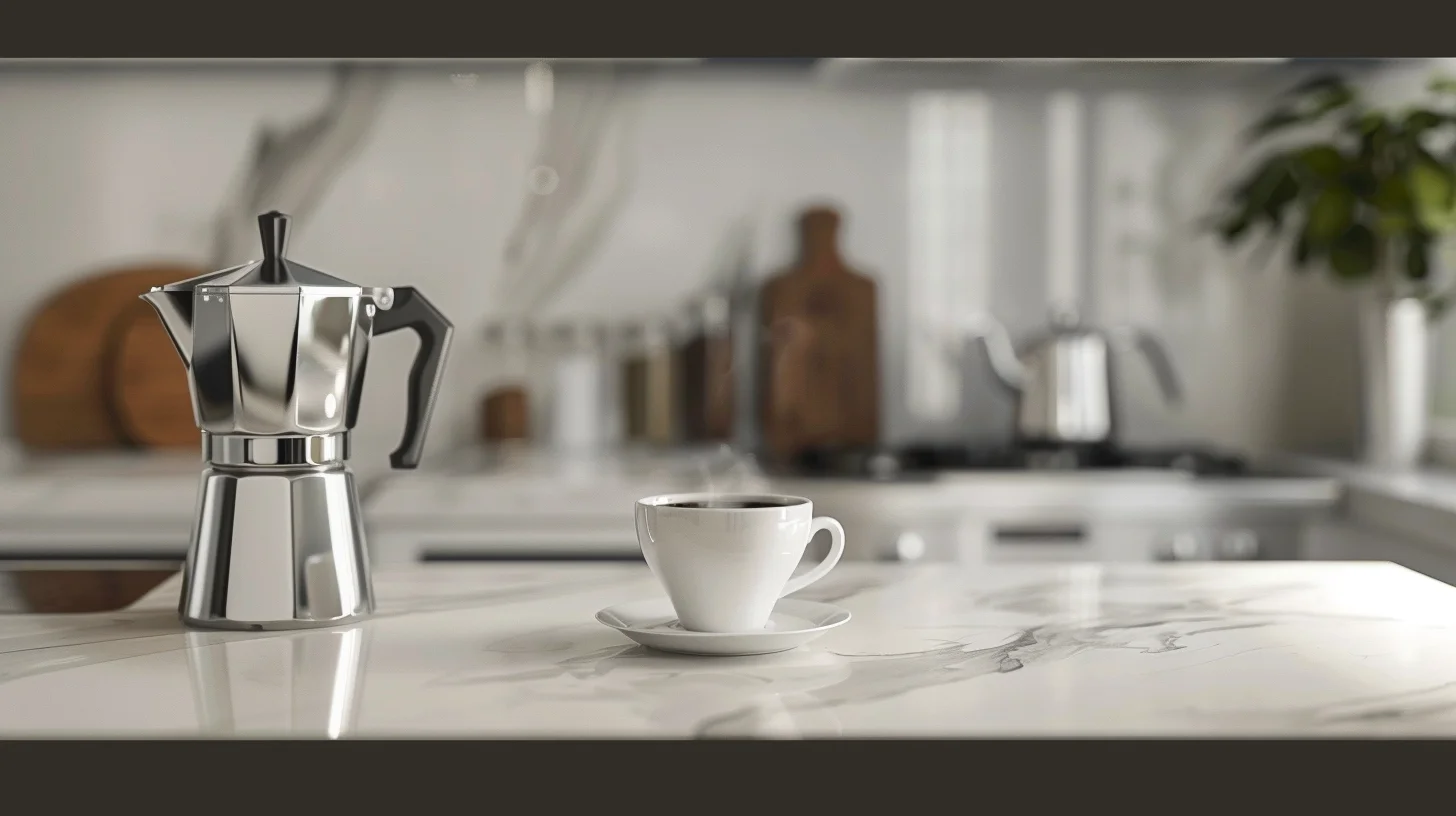 A moka pot on a stylish kitchen counter. A cup of black coffee is alongside it.